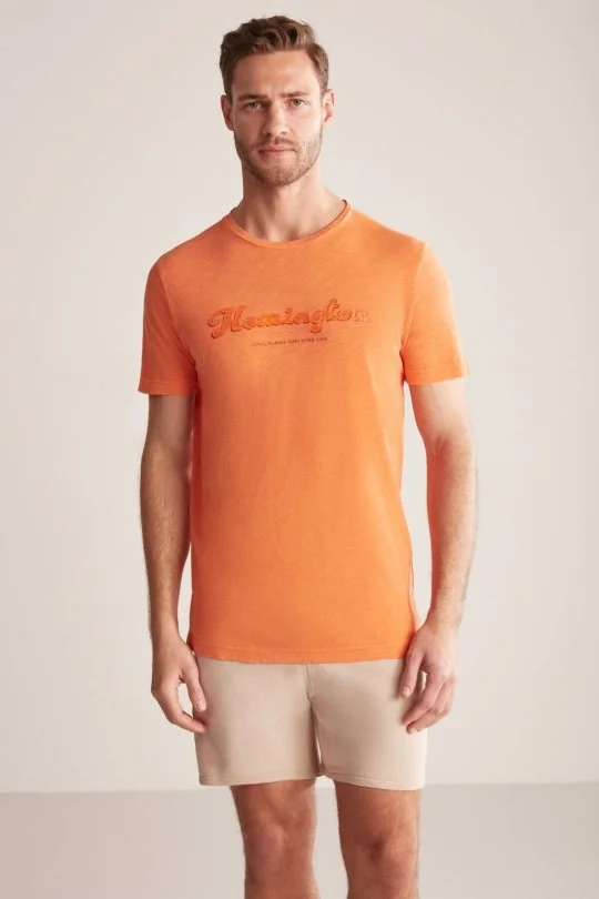 Hemington - Hemington Nakış Logolu Bisiklet Yaka Turuncu Pamuk T-Shirt (3)