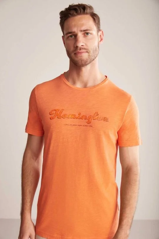 Hemington - Hemington Nakış Logolu Bisiklet Yaka Turuncu Pamuk T-Shirt