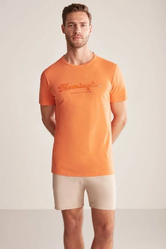 Hemington - Hemington Nakış Logolu Bisiklet Yaka Turuncu Pamuk T-Shirt (4)
