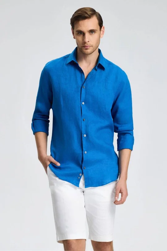 Hemington - İndigo Mavi Saf Keten Spor Gömlek (4)
