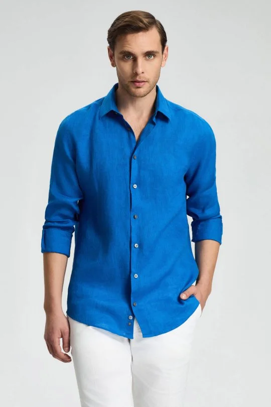 Hemington - İndigo Mavi Saf Keten Spor Gömlek (1)