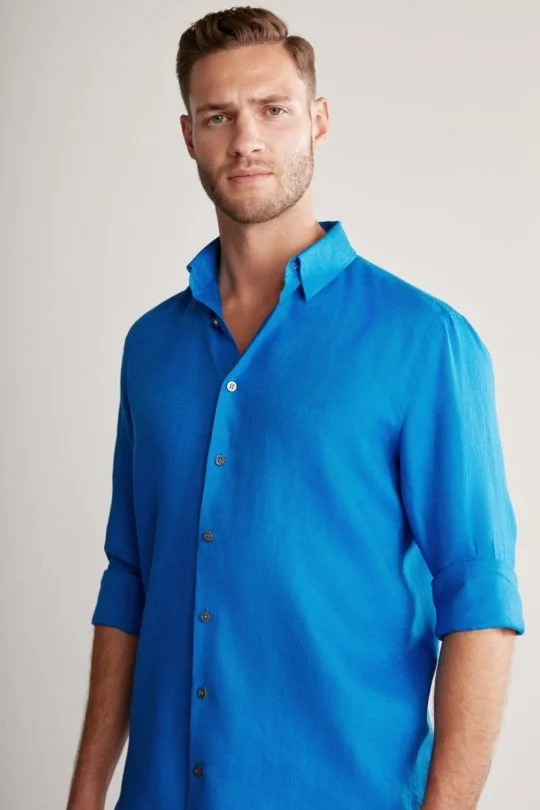 Hemington - İndigo Mavi Saf Keten Spor Gömlek