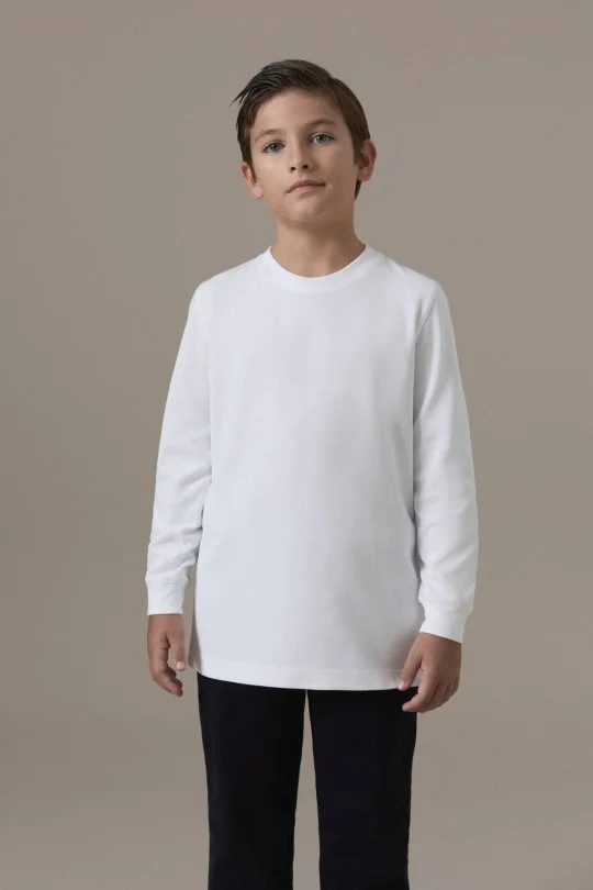 İnterlok Örgü Bisiklet Yaka Beyaz Çocuk Sweatshirt