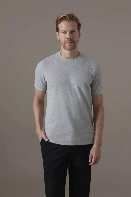 İnterlok Örgü Bisiklet Yaka Gri T-Shirt