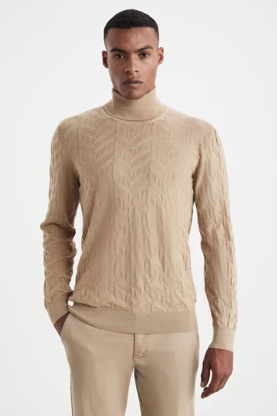Hemington - İpek Karışım Boğazlı Yaka Camel Merino Yün Triko (2)