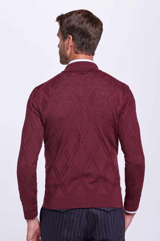 İpek Karışımlı Polo Yaka Bordo Merino Yün Triko