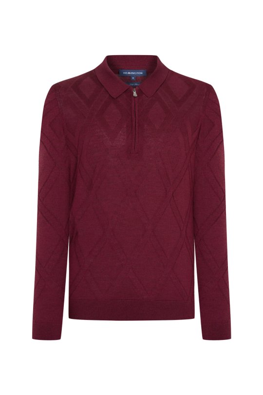 İpek Karışımlı Polo Yaka Bordo Merino Yün Triko