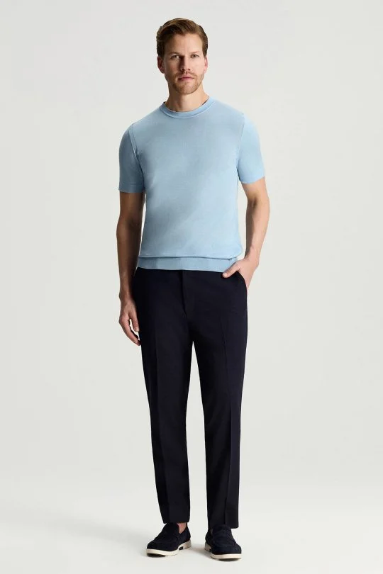 İpek Karışımlı Bisiklet Yaka Açık Mavi Triko T-Shirt