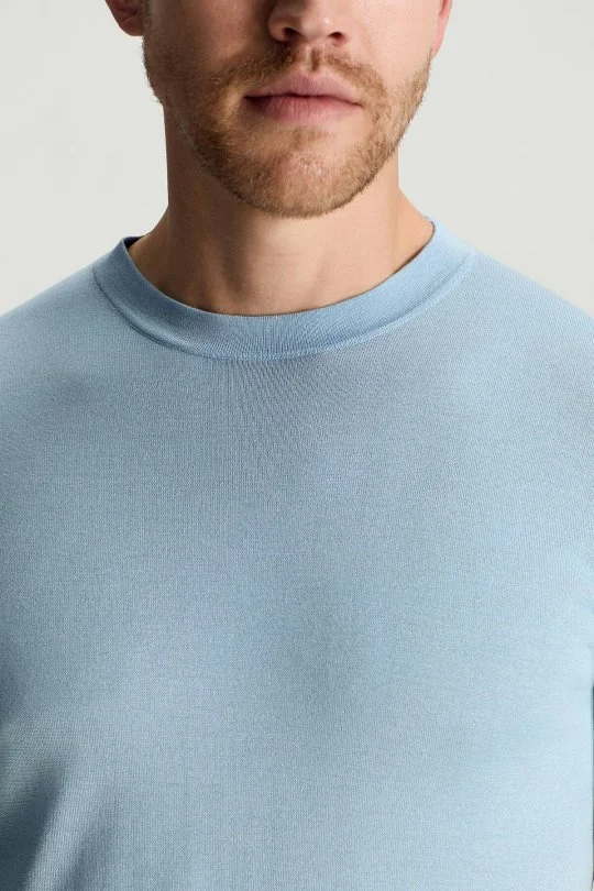 İpek Karışımlı Bisiklet Yaka Açık Mavi Triko T-Shirt