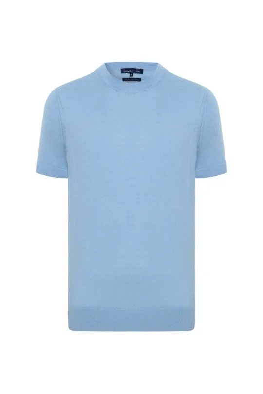 İpek Karışımlı Bisiklet Yaka Açık Mavi Triko T-Shirt