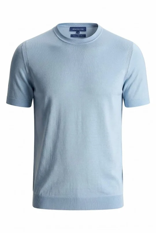 Hemington - İpek Karışımlı Bisiklet Yaka Açık Mavi Triko T-Shirt (6)
