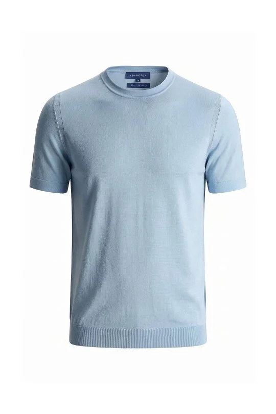 Hemington - İpek Karışımlı Bisiklet Yaka Açık Mavi Triko T-Shirt (6)