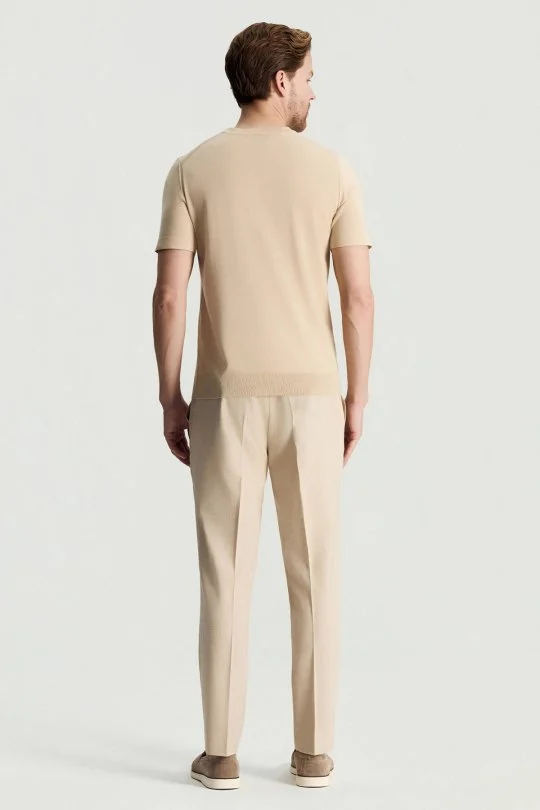 İpek Karışımlı Bisiklet Yaka Bej Triko T-Shirt