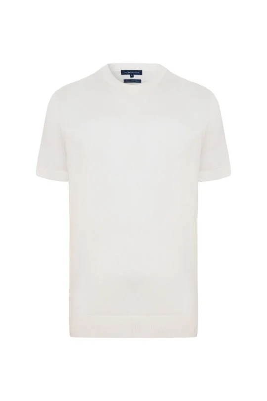 İpek Karışımlı Bisiklet Yaka Beyaz Triko T-Shirt