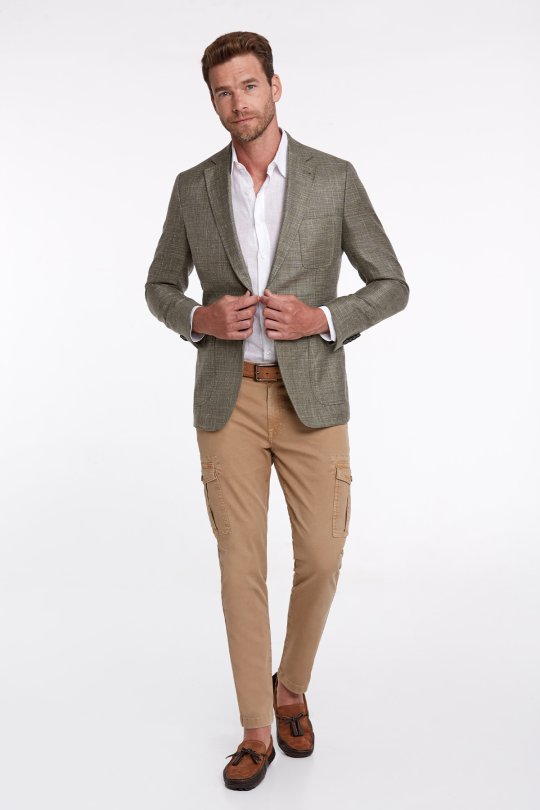 Keten-İpek Karışımlı Haki Yazlık Blazer Ceket