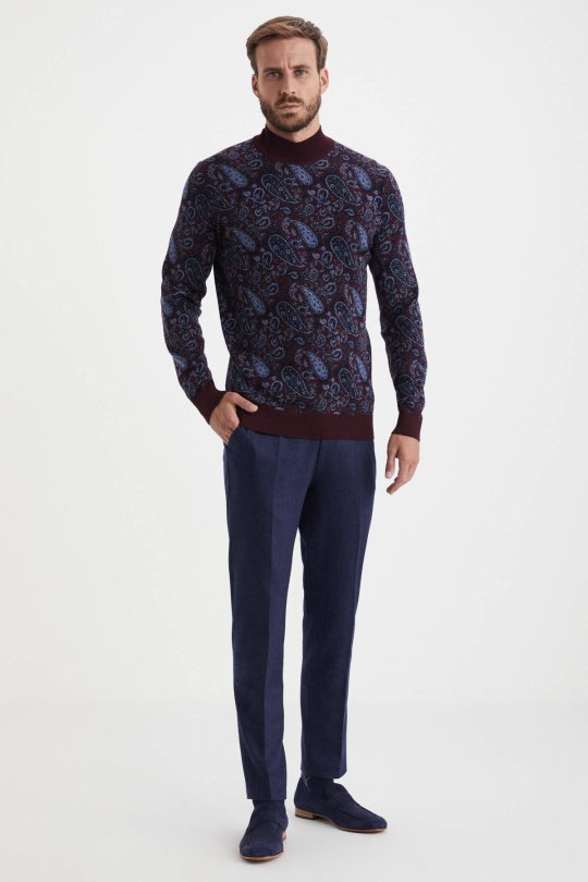 Paisley Desen İpek Merino Yarım Boğazlı Bordo Triko