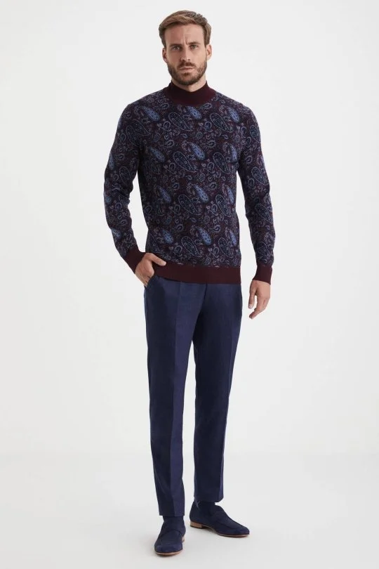 Hemington - Paisley Desen İpek Merino Yarım Boğazlı Bordo Triko (1)