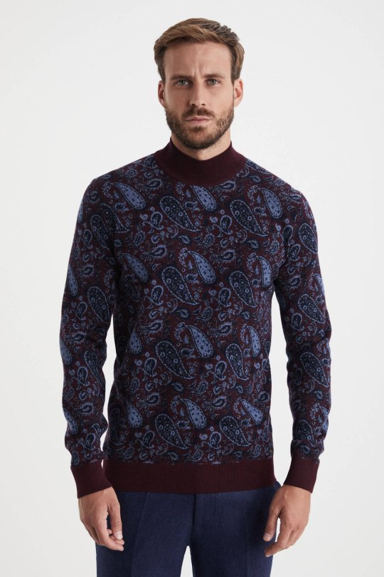 Paisley Desen İpek Merino Yarım Boğazlı Bordo Triko