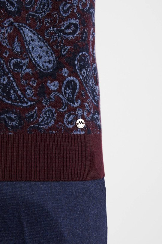 Paisley Desen İpek Merino Yarım Boğazlı Bordo Triko