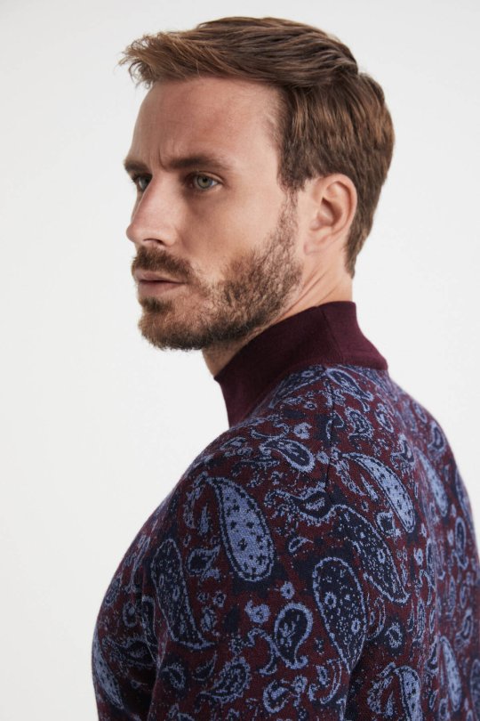 Paisley Desen İpek Merino Yarım Boğazlı Bordo Triko