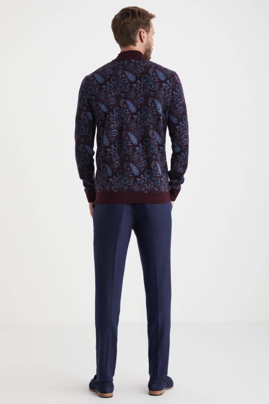 Paisley Desen İpek Merino Yarım Boğazlı Bordo Triko