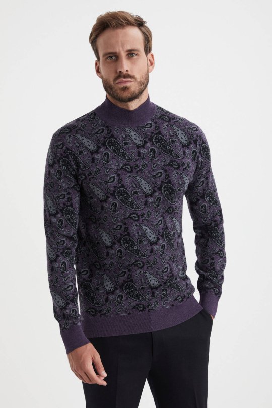 Paisley Desen İpek Merino Yarım Boğazlı Mor Triko