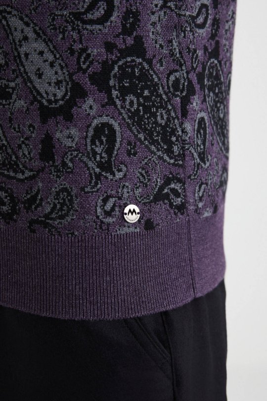 Paisley Desen İpek Merino Yarım Boğazlı Mor Triko