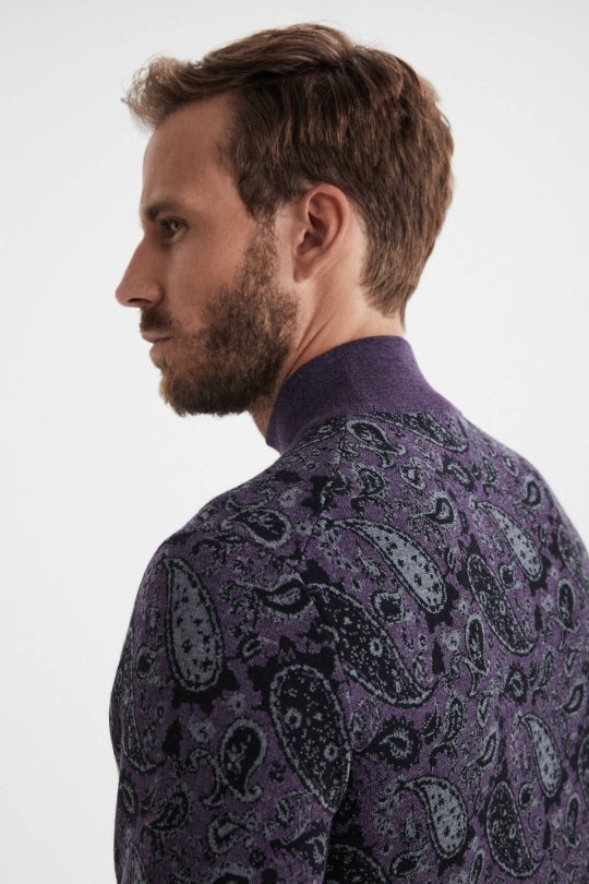Paisley Desen İpek Merino Yarım Boğazlı Mor Triko