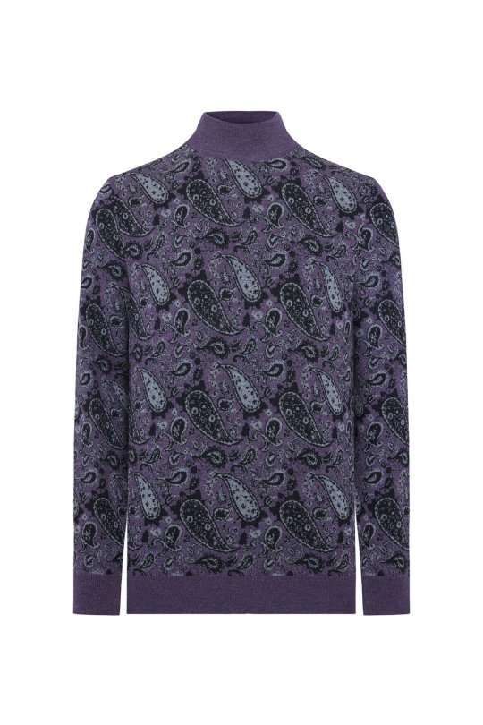 Paisley Desen İpek Merino Yarım Boğazlı Mor Triko