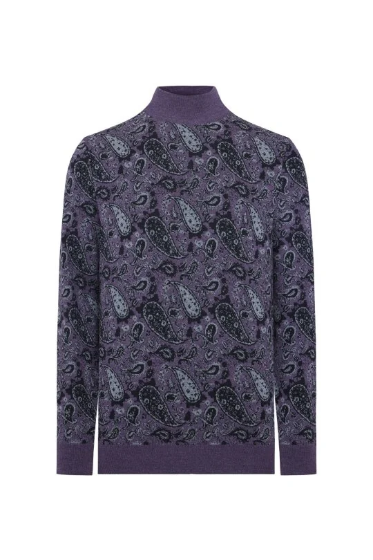 Hemington - Paisley Desen İpek Merino Yarım Boğazlı Mor Triko (6)