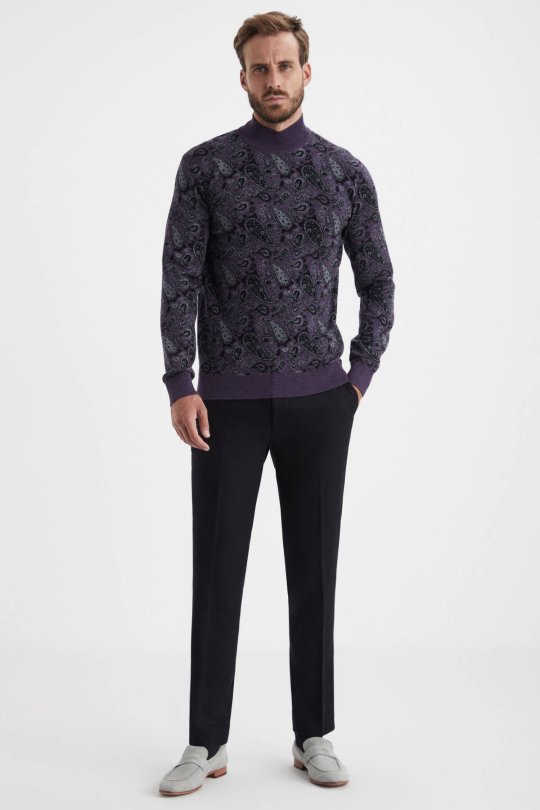 Paisley Desen İpek Merino Yarım Boğazlı Mor Triko