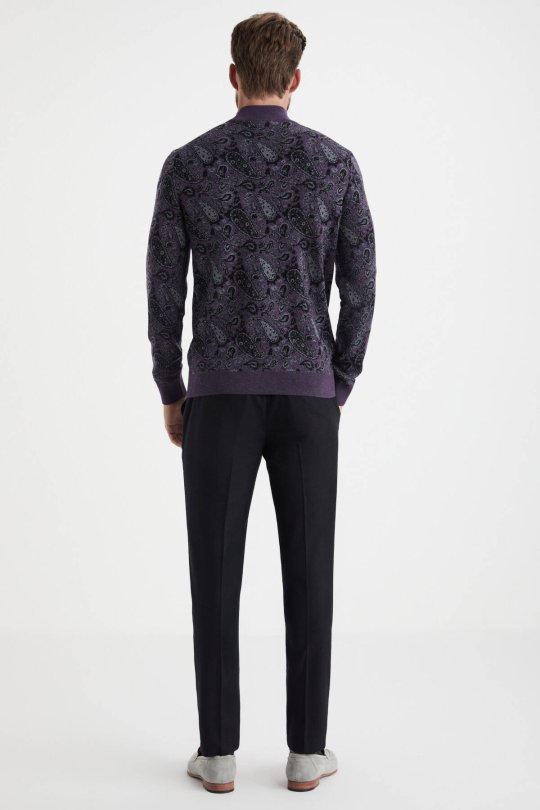 Paisley Desen İpek Merino Yarım Boğazlı Mor Triko