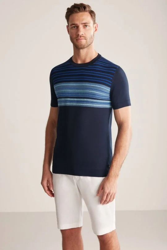 Hemington - İpek Pamuk Karışım Çizgi Desenli Lacivert Triko T-Shirt