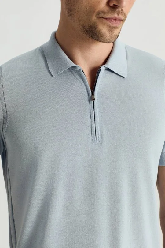Hemington - İpek Pamuk Karışım Fermuar Detaylı Açık Mavi Triko Polo (3)