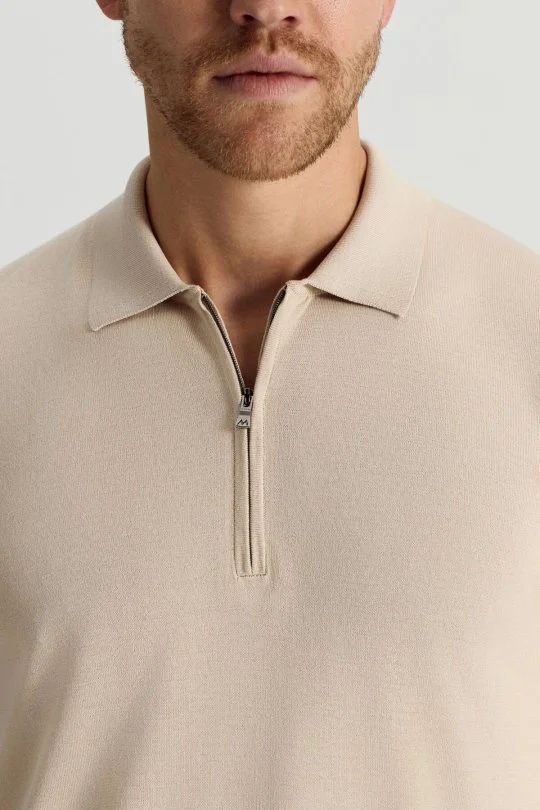 İpek Pamuk Karışım Fermuar Detaylı Bej Triko Polo