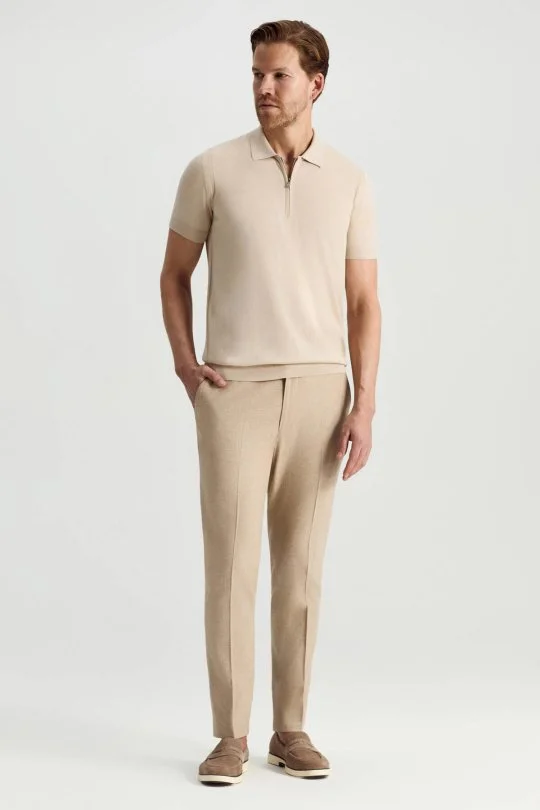 İpek Pamuk Karışım Fermuar Detaylı Bej Triko Polo