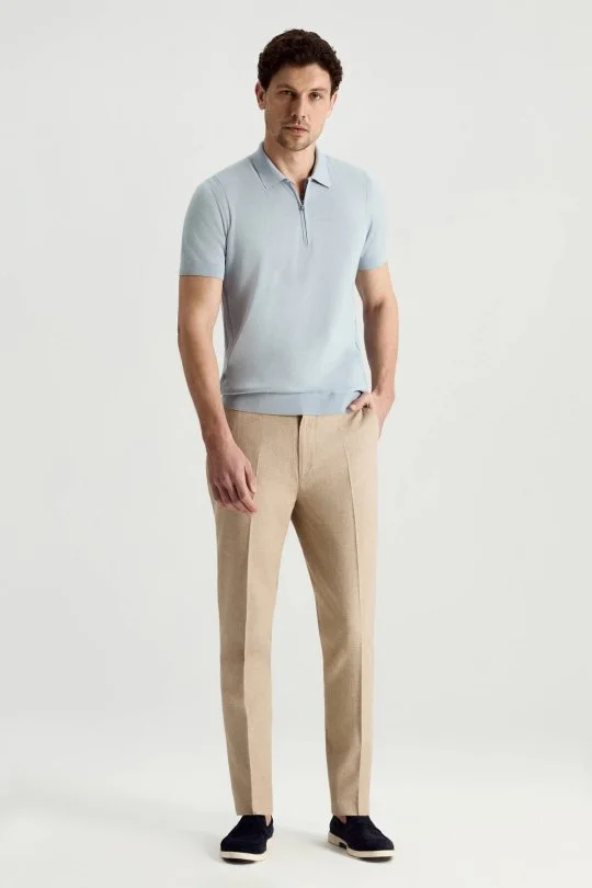 Hemington - İpek Pamuk Karışım Fermuar Detaylı Gök Mavi Triko Polo (2)