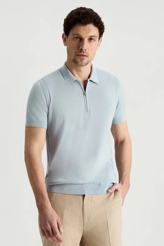 Hemington - İpek Pamuk Karışım Fermuar Detaylı Gök Mavi Triko Polo (1)