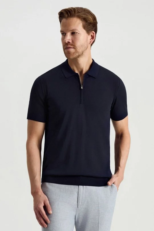 Hemington - İpek Pamuk Karışım Fermuar Detaylı Lacivert Triko Polo (1)