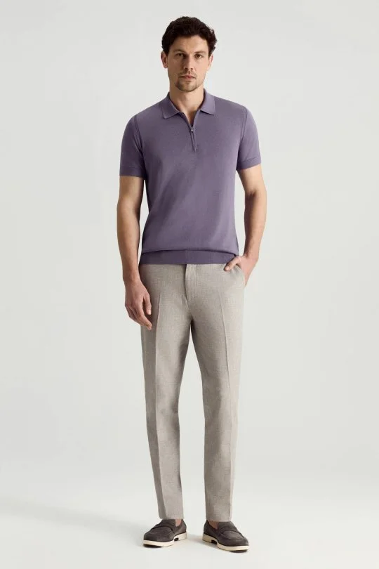 İpek Pamuk Karışım Fermuar Detaylı Mor Triko Polo