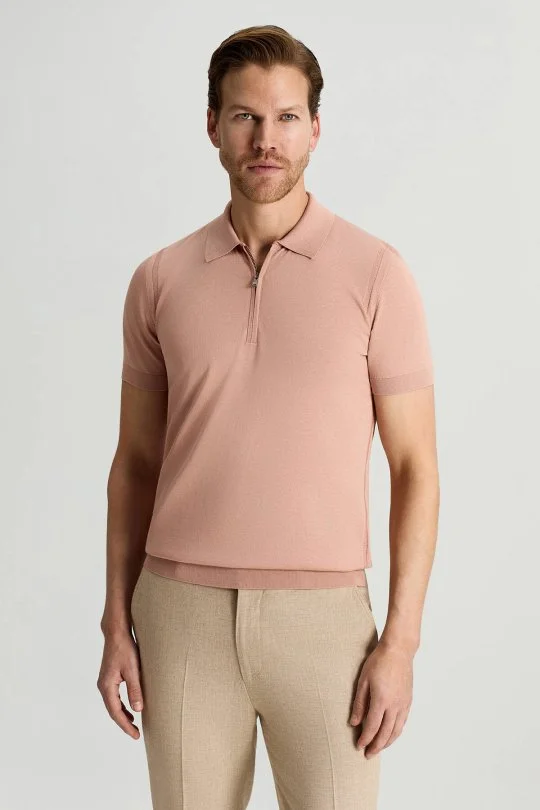 Hemington - İpek Pamuk Karışım Fermuar Detaylı Somon Rengi Triko Polo (1)