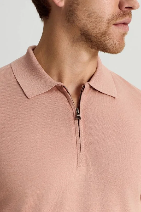 Hemington - İpek Pamuk Karışım Fermuar Detaylı Somon Rengi Triko Polo (3)