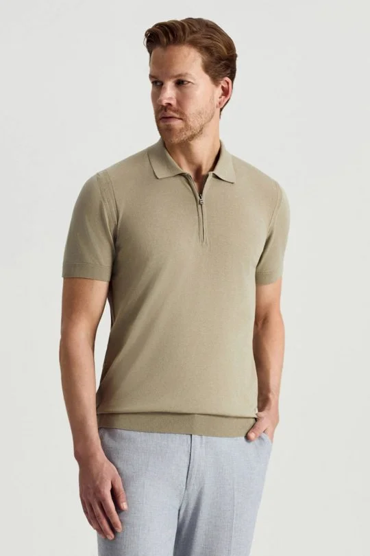 Hemington - İpek Pamuk Karışım Fermuar Detaylı Yeşil Triko Polo (1)
