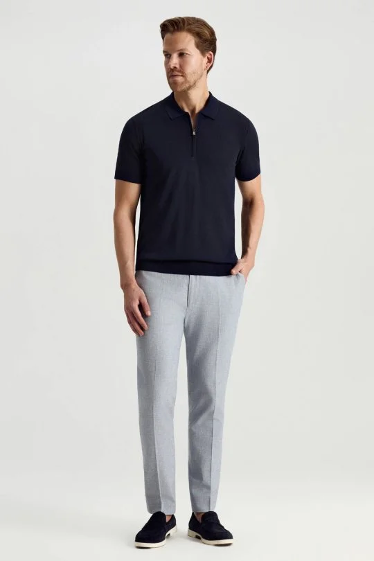 İpek Pamuk Karışım Fermuar Detaylı Lacivert Triko Polo