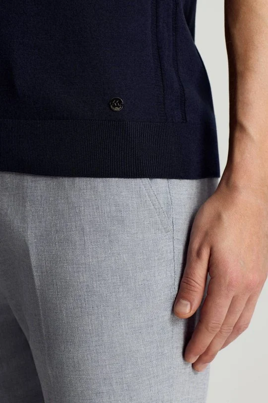 İpek Pamuk Karışım Fermuar Detaylı Lacivert Triko Polo