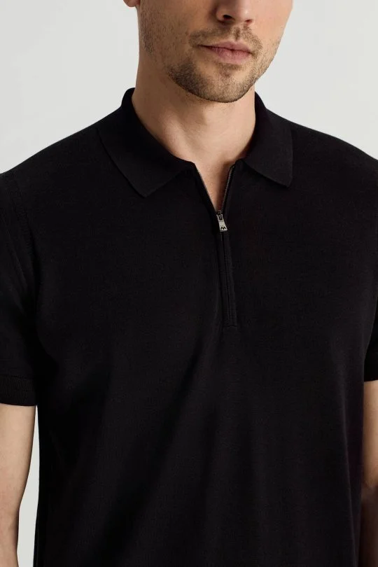 İpek Pamuk Karışım Fermuar Detaylı Siyah Triko Polo