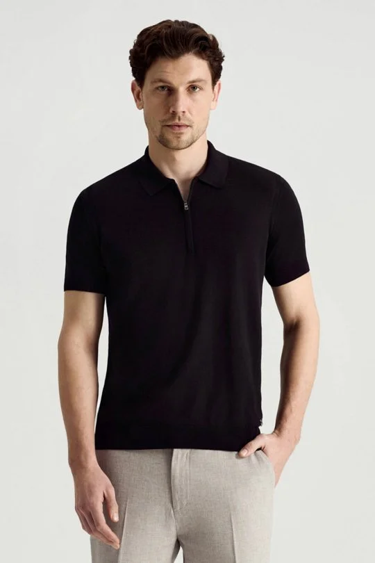 İpek Pamuk Karışım Fermuar Detaylı Siyah Triko Polo