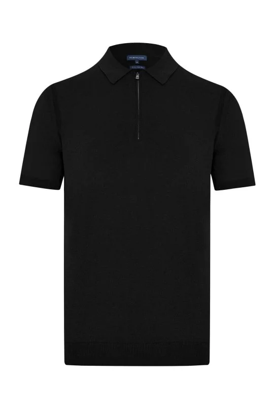 İpek Pamuk Karışım Fermuar Detaylı Siyah Triko Polo