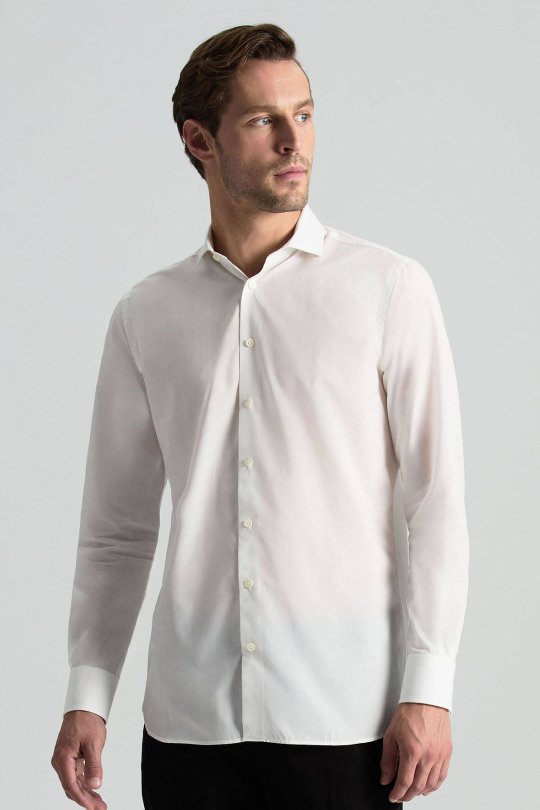 İpek Pamuk Karışım İtalyan Yaka Beyaz Gömlek