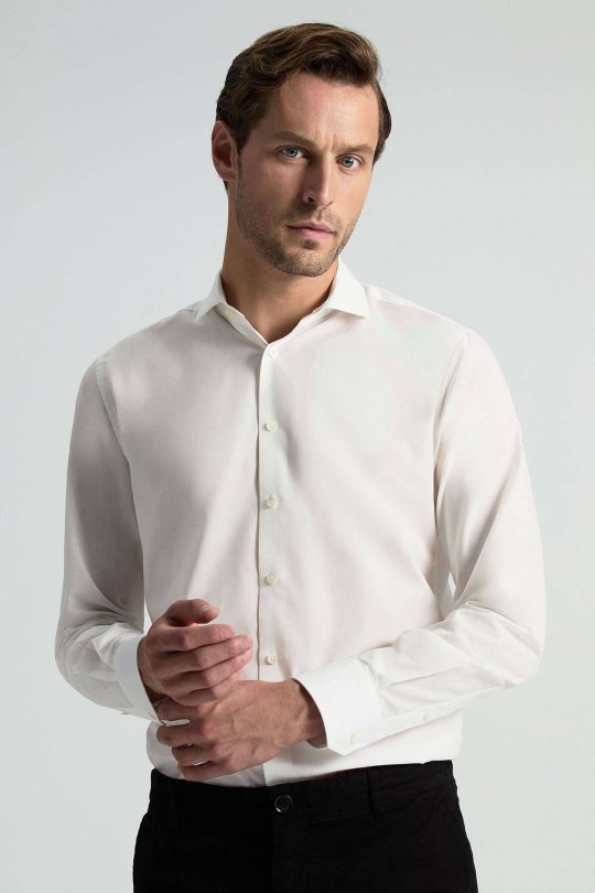 İpek Pamuk Karışım İtalyan Yaka Beyaz Gömlek